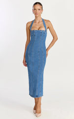 Skye Midi Dress - Halter Neck Panelled Denim Dress in Mid Blue Wash