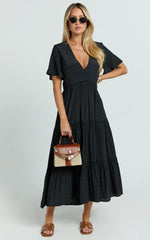 Cryzel Midi Dress - Flutter Sleeve Tiered Dress in Black
