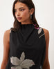 Asymmetric Printed Mesh Blouson Maxi Dress With Grown On Neck In Black Floral