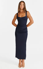 Benita Midi Dress - Scoop Neck Ruched Fitted Dress in Navy