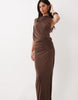 High Neck Drape Short Sleeve Maxi Dress In Chocolate