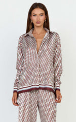 Noelle Top - Geo Border Print Button Front Long Sleeve Shirt in Multi