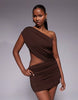Tiger Mist Ryland Off Shoulder Drape Cut Out Detail Mini Dress In Chocolate