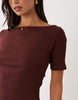 Rib Slash Neck Shoulder Seam Mini Dress In Chocolate