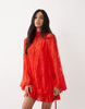 Lace Mini Dress With Blouson Sleeve And Hem Detail In Red