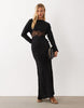 Lace Applique Grown On Sleeve Bias Cut Maxi Dress In Black