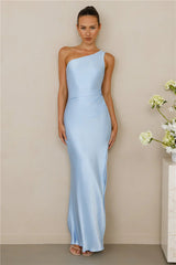 The Aurora One Shoulder Satin Maxi Dress Blue