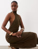 Tie Halter Neck Maxi Dress In Khaki