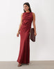 Satin Drape Bodice Maxi Dress With Cowl Back Detail In Red