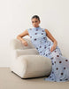 Printed Polka Dot Ruched Drop Waist Circle Dress With Grown In Neck In Blue