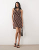 New Look Scarf Detail Mesh Mini Dress In Chocolate Polka Dot