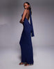 Mesh Twist Bust Detail Halter Maxi Dress With Tie Back Neck In Navy
