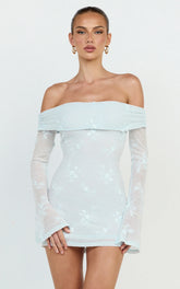 Raymond Mini Dress - Off Shoulder Long Sleeve Fitted Dress in Blue