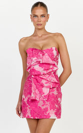 Amalie The Label - Frederika Strapless Ruffle Detail Jacquard Mini Dress - Ink