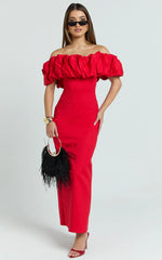 Rhaya Midi Dress - Ruffle Off Shoulder Fitted Dress in Red