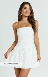 Donatella Mini Dress - Strapless Drop Waist Dress in White