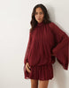 Tie Neck Bubble Mini Dress In Berry
