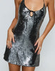 Princess Polly Moonchild Sequin Halterneck Keyhole Tie Detail Mini Dress In Gunmetal