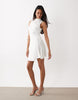 Kaiia Exclusive Double Layered Slinky High Neck Long Sleeve Tie Side Skater Mini Dress In White