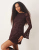 Flocked Floral Mini Dress With Flute Sleeve In Chocolate Brown