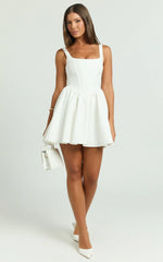 Aimee Mini Dress - Scoop Neck Corset Gathered Dress in White