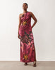 One Shoulder Satin Maxi Dress With Pleat Detail In Red Floral Print