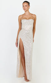 Cora Maxi Dress - Corset Bodice Draped Skirt Sequin Dress in Nude