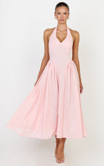 Athena Midi Dress - Halter Drop Waist Dress in Pink
