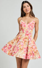 Carly Mini Dress - Strappy Bust A Line Dress in Sorbet Bloom Print