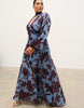 Pretty Lavish Curve Chiffon V Neck Scarf Detail Long Sleeve Maxi Dress In Blue Blown Up Floral Print
