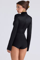 black satin high neck long sleeve bodysuit