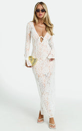 Paula Midi Dress - Lace V Neck Long Sleeve Column Dress in White
