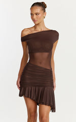 Ivy Mini Dress - Tip Shoulder Asymmetric Ruched Yoke Dress in Chocolate