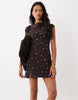 High Neck Mini Dress In Chocolate & Blue Spot