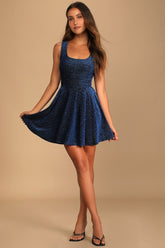 Best Date Ever Blue Metallic Skater Mini Dress