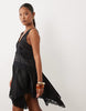 Miss Selfridge Petite Satin Lace Insert Hanky Hem Mini Dress In Black