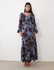 Pretty Lavish Chiffon V Neck Scarf Detail Draped Batwing Sleeve Maxi Dress In Blue Floral Print