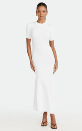Lanie Midi Dress - Knitted Crew Neck Short Sleeve Dress in Cream