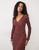 Mango Plisse V Neck Long Sleeve Midi Dress In Maroon Polka Dot Print