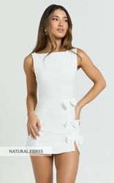 Arna Mini Dress - High Neck Fitted Bow Detail Leg Split Fitted Dress in White