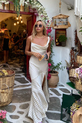 123 PROM Dotted Moment Satin Polka Dot Midi Dress Cream