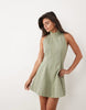 Twill Funnel Neck Seamed Mini Dress In Washed Olive