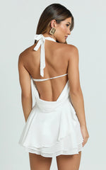 Tanisha Mini Dress - Halter Cowl Neck Asymmetrical Skirt Dress in Off White