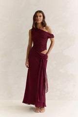 Modernity Mesh Off Shoulder Maxi Dress Burgundy