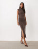 Mango High Neck Sleeveless Ruched Midi Dress In Brown