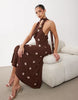 Gina Tricot Scarf Neck Maxi Dress In Brown Polka Dot