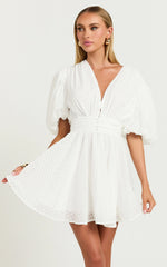Xandy Mini Dress - Textured Puff Sleeve Plunge Dress in White