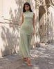 Ruched Drop Waist Circle Dress With Grown In Neck In Sage Green