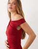 Tfnc Slinky Fallen Shoulder Thigh Split Maxi Dress In Red