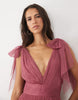 Lace & Beads Madison Tulle Bow Shoulder Plunge Neck Maxi Dress In Dusty Pink